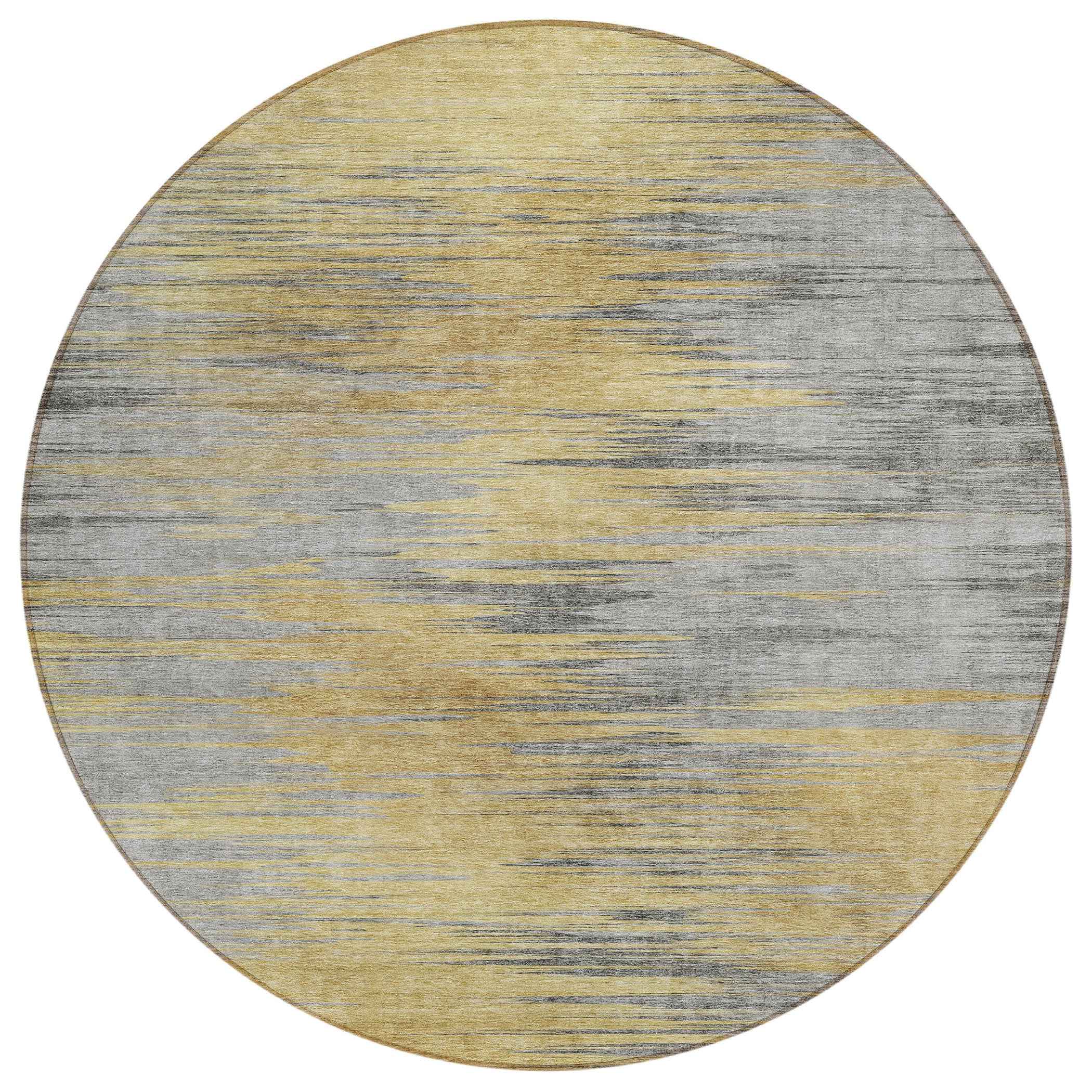 8' Gold Gray And Charcoal Round Abstract Washable Indoor Outdoor Area Rug