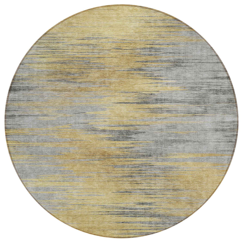 8' Gold Gray And Charcoal Round Abstract Washable Indoor Outdoor Area Rug