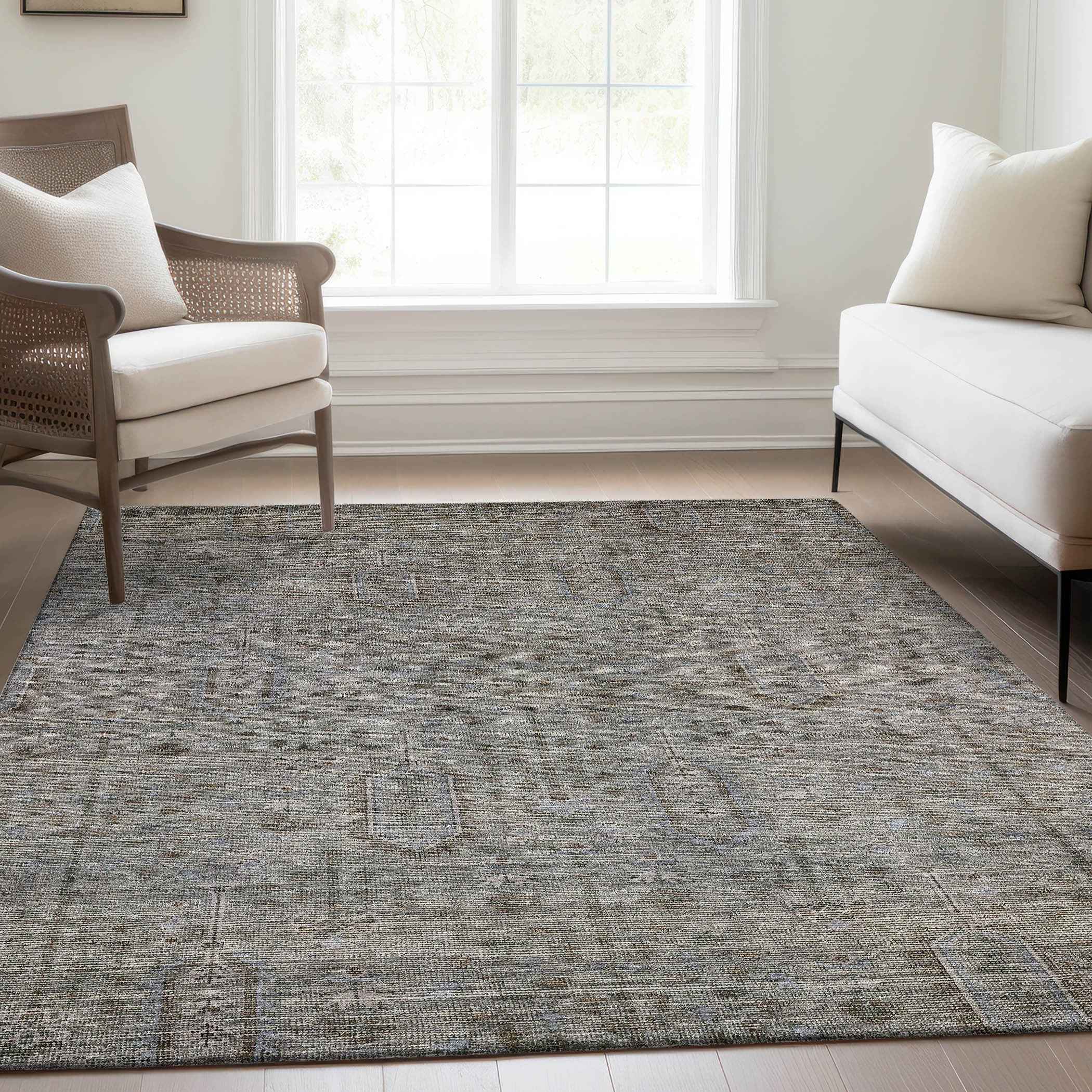 5' X 8' Gray And Silver Southwestern Washable Indoor Outdoor Area Rug