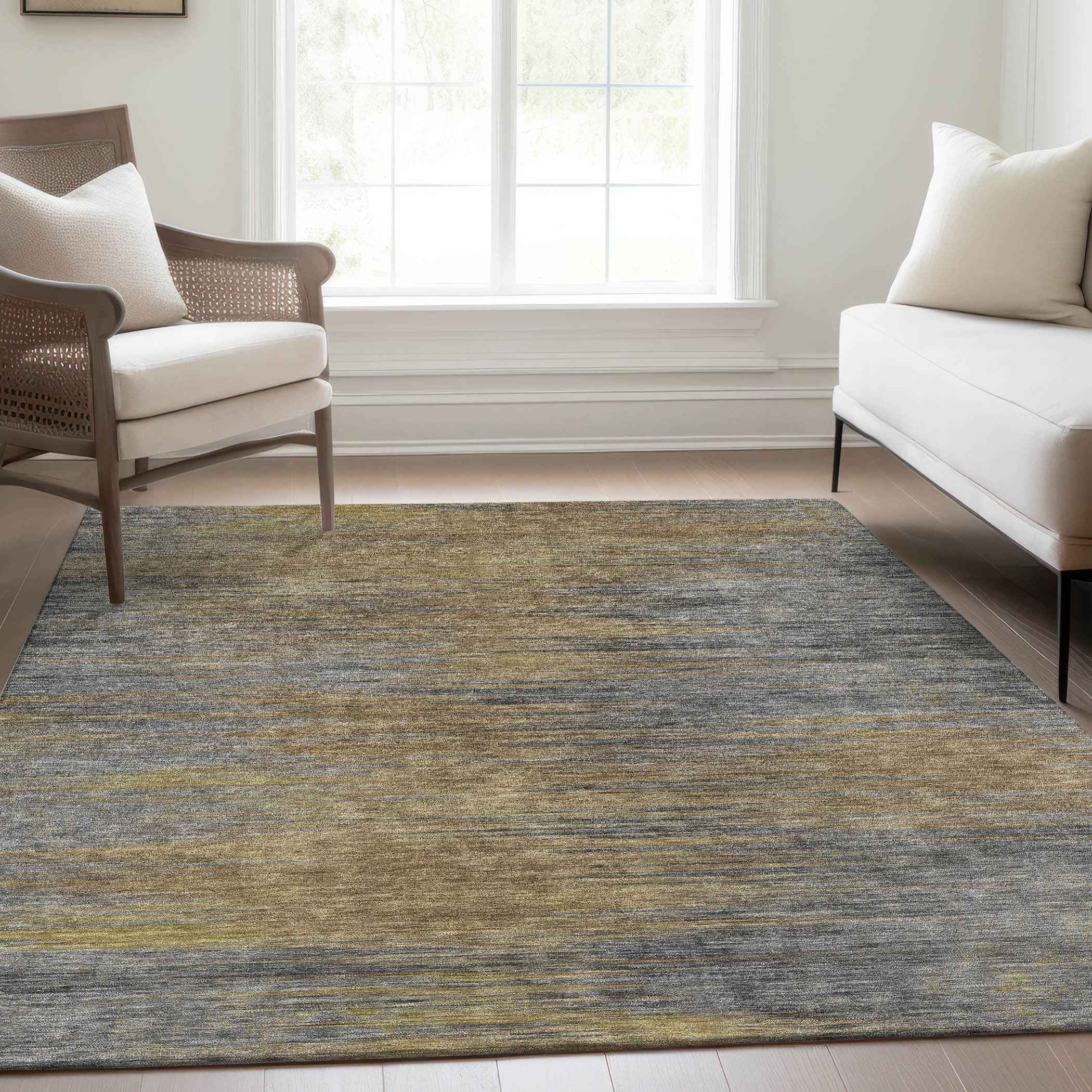 3' X 5' Brown Gold And Taupe Abstract Washable Indoor Outdoor Area Rug