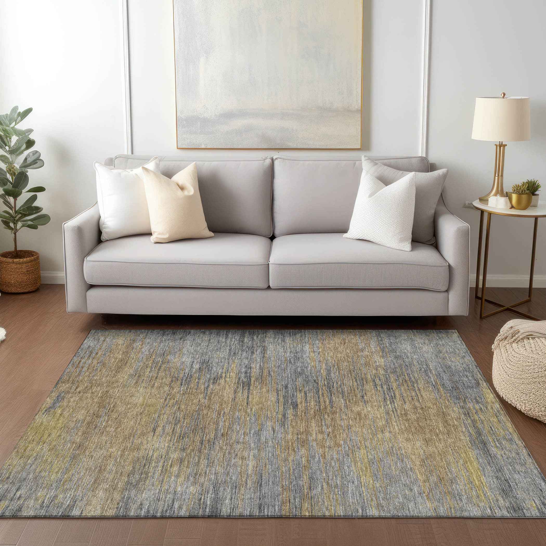 3' X 5' Brown Gold And Taupe Abstract Washable Indoor Outdoor Area Rug