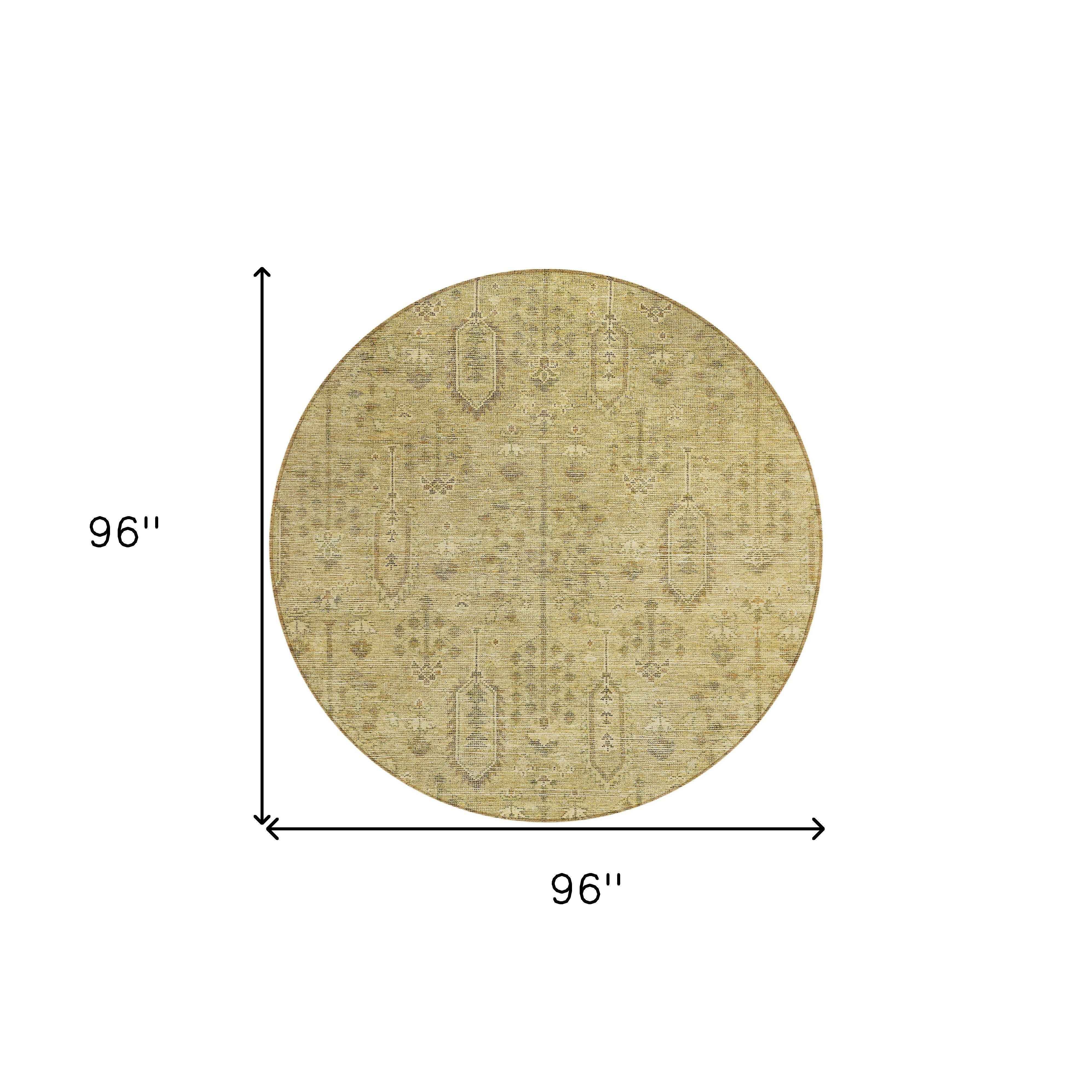 8' Gold And Taupe Round Southwestern Washable Indoor Outdoor Area Rug