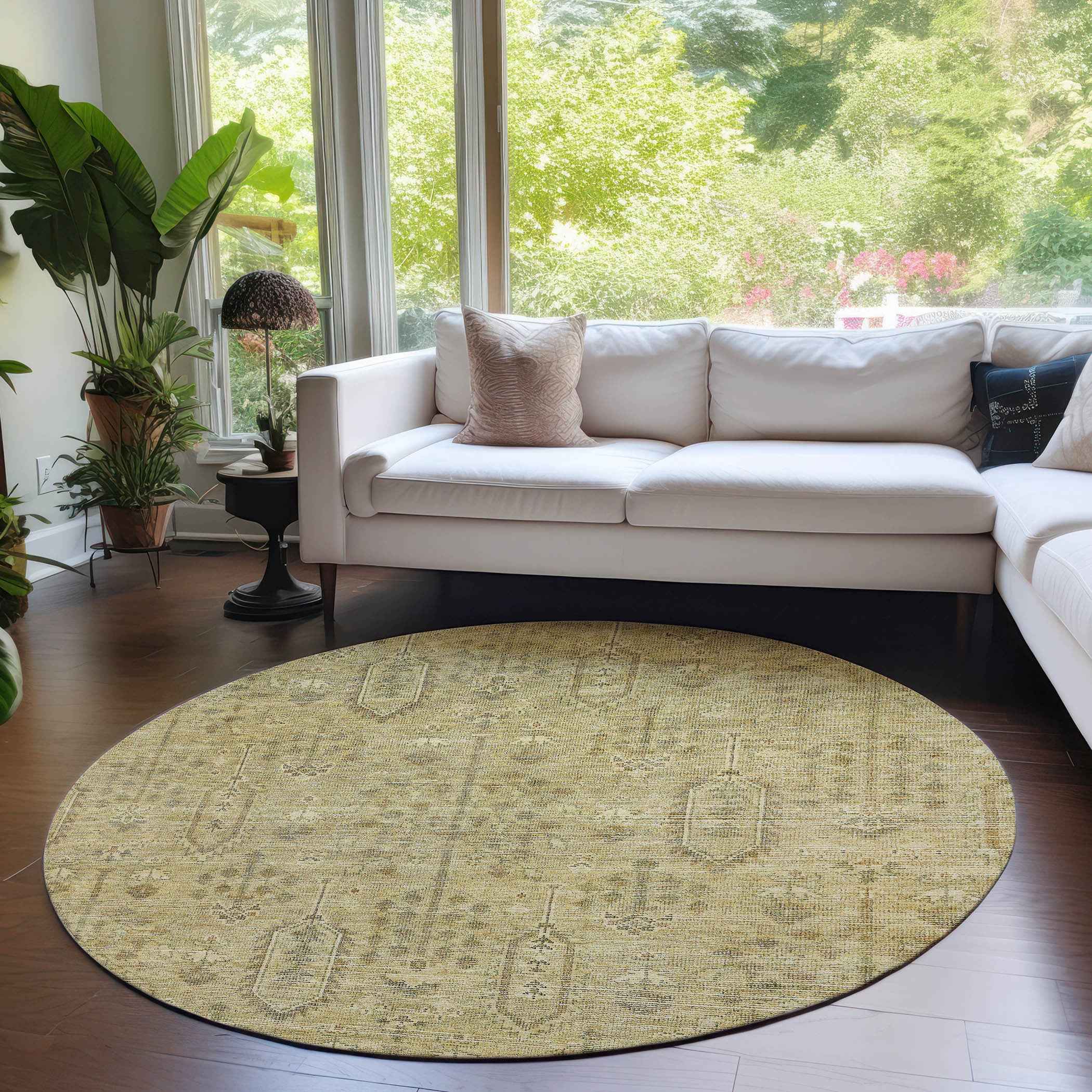 8' Gold And Taupe Round Southwestern Washable Indoor Outdoor Area Rug