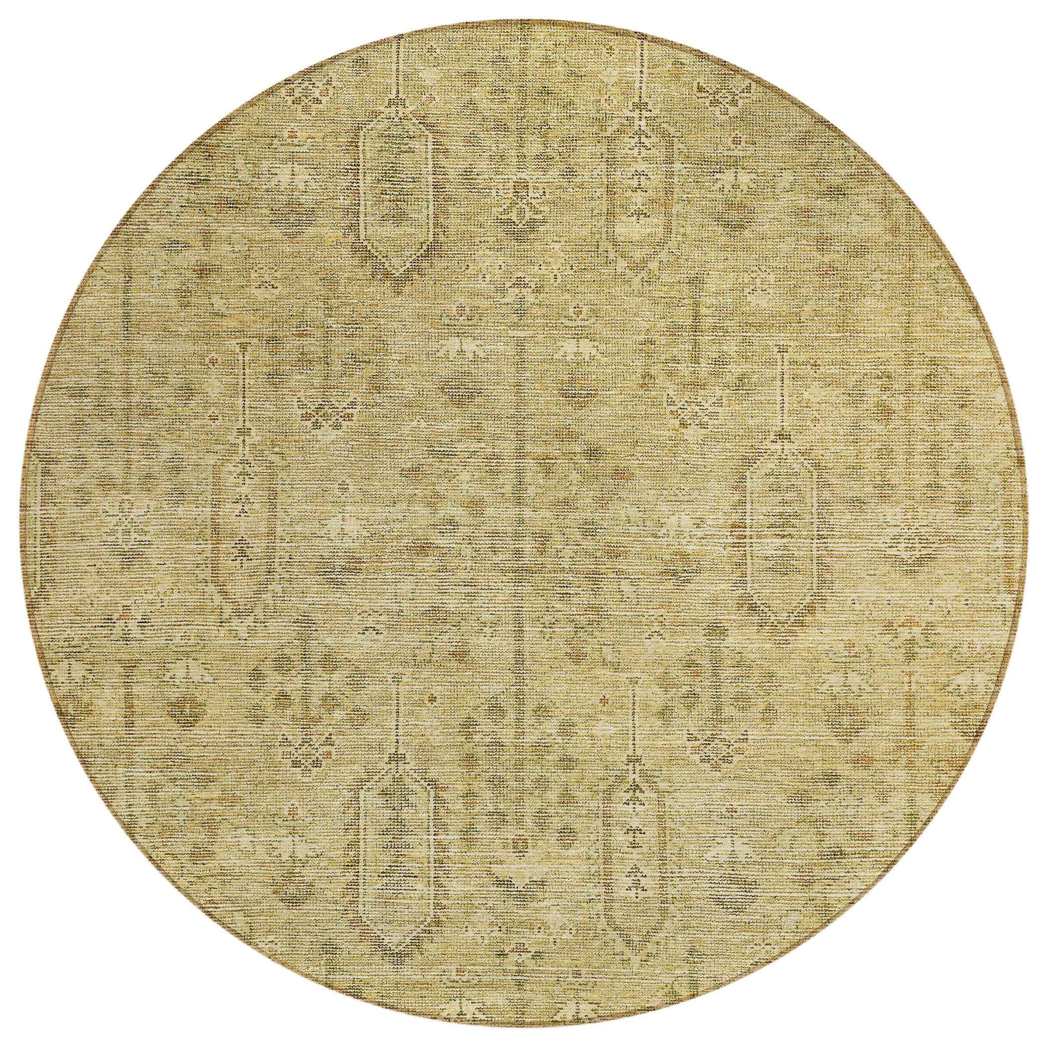 8' Gold And Taupe Round Southwestern Washable Indoor Outdoor Area Rug