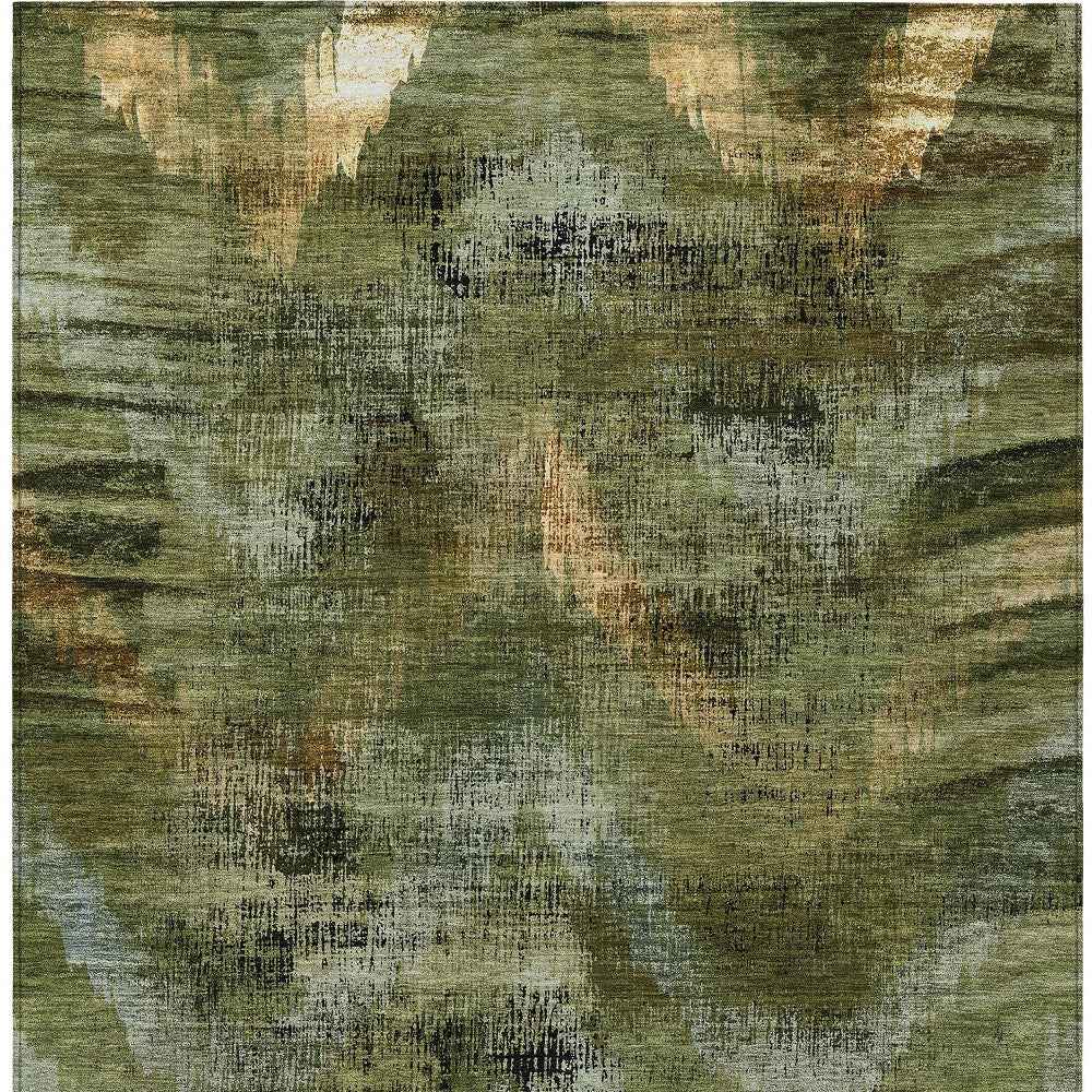 10' X 14' Olive Green And Gold Abstract Washable Indoor Outdoor Area Rug