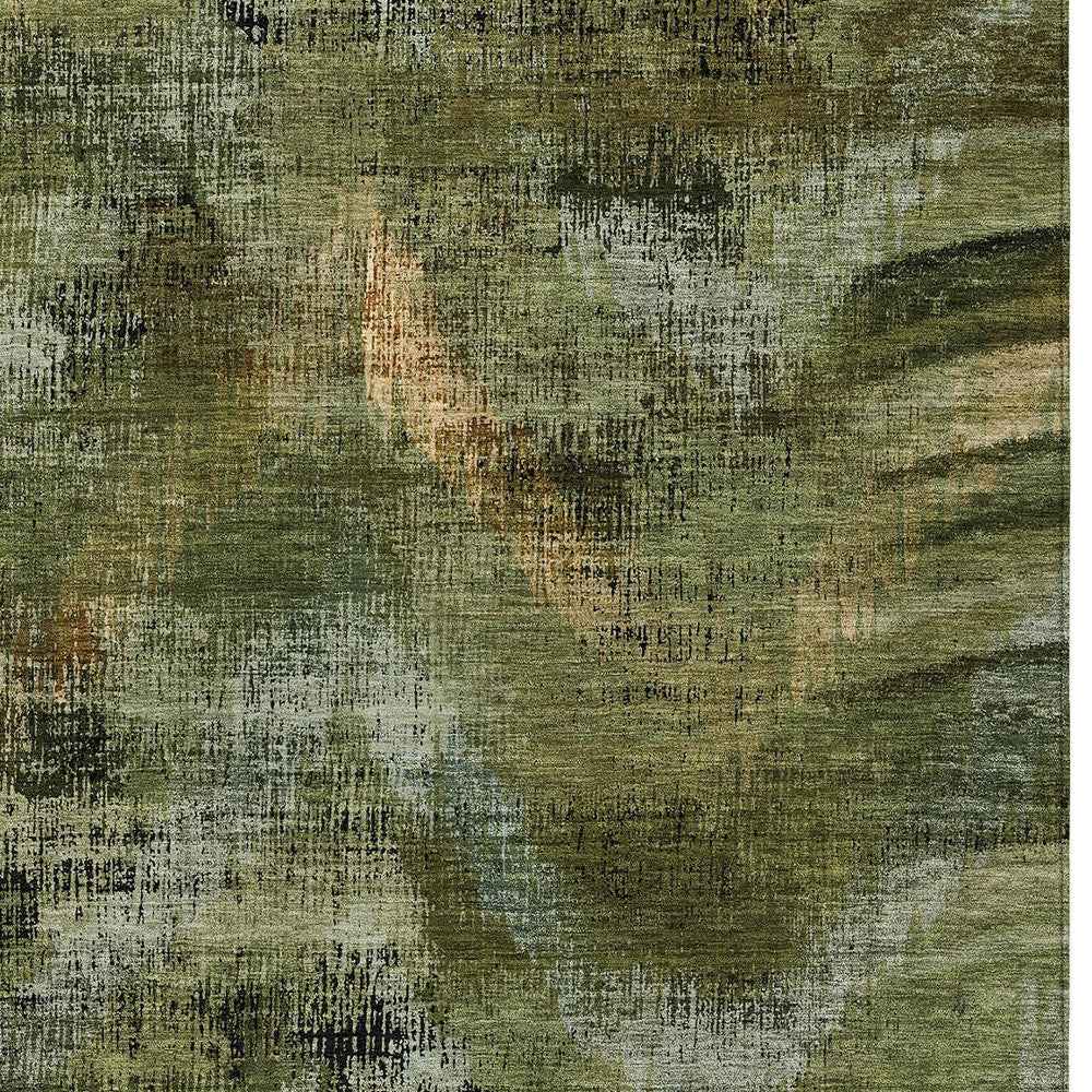 10' X 14' Olive Green And Gold Abstract Washable Indoor Outdoor Area Rug