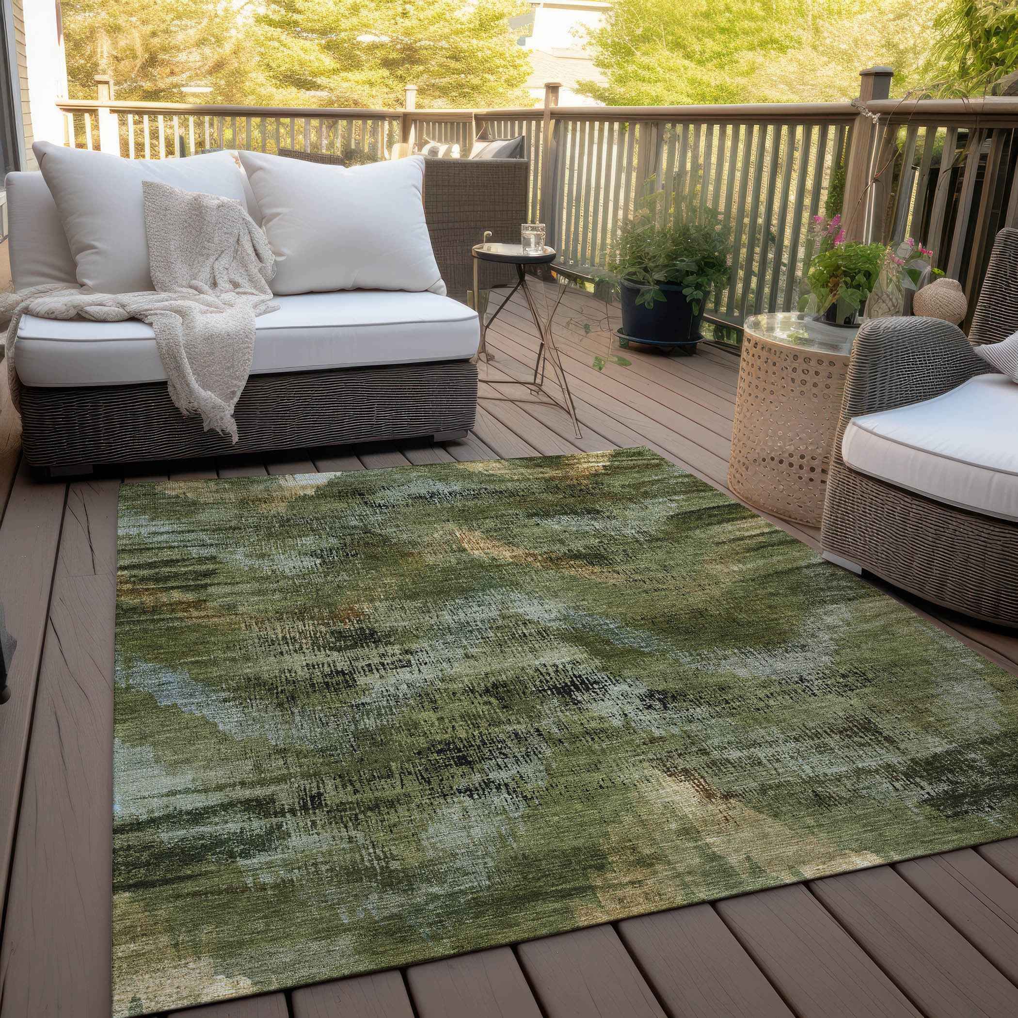 10' X 14' Olive Green And Gold Abstract Washable Indoor Outdoor Area Rug