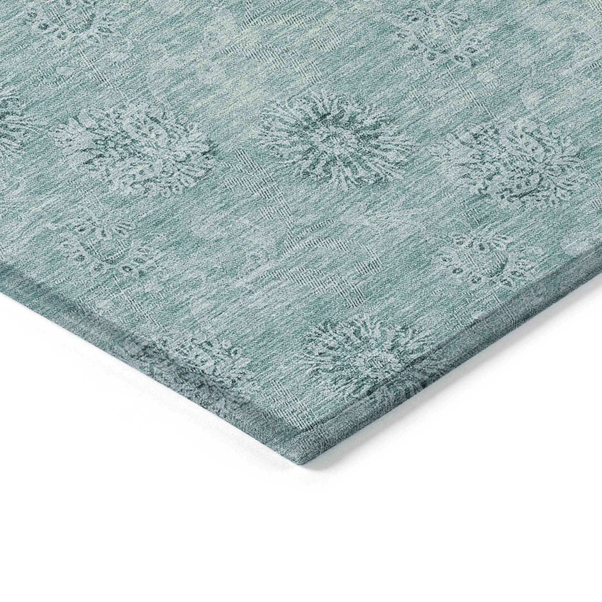 9' X 12' Teal Blue And Ivory Floral Washable Indoor Outdoor Area Rug