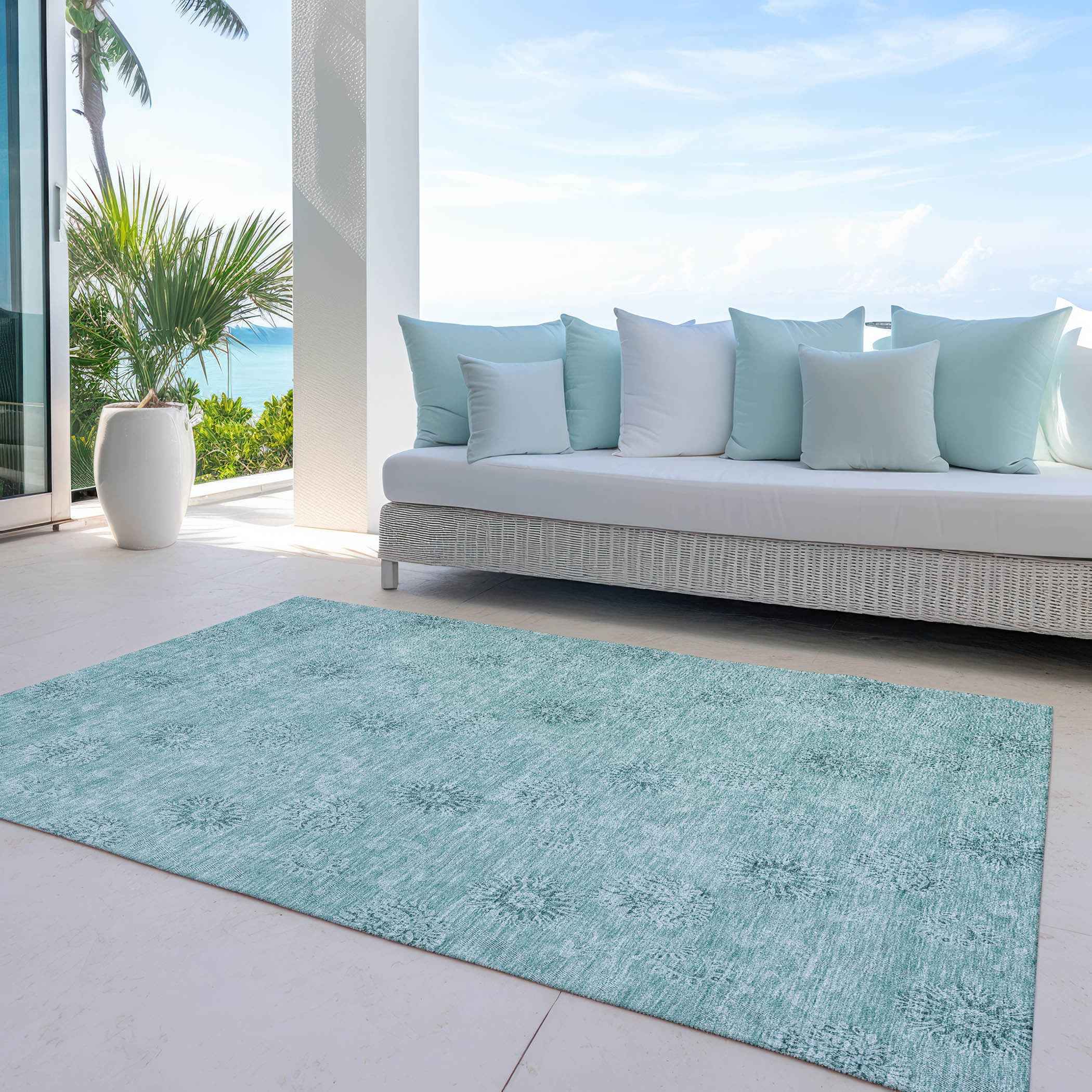 9' X 12' Teal Blue And Ivory Floral Washable Indoor Outdoor Area Rug
