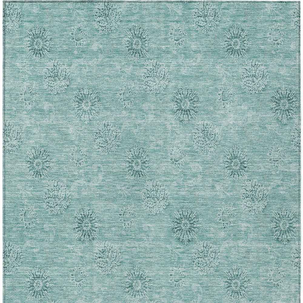 9' X 12' Teal Blue And Ivory Floral Washable Indoor Outdoor Area Rug