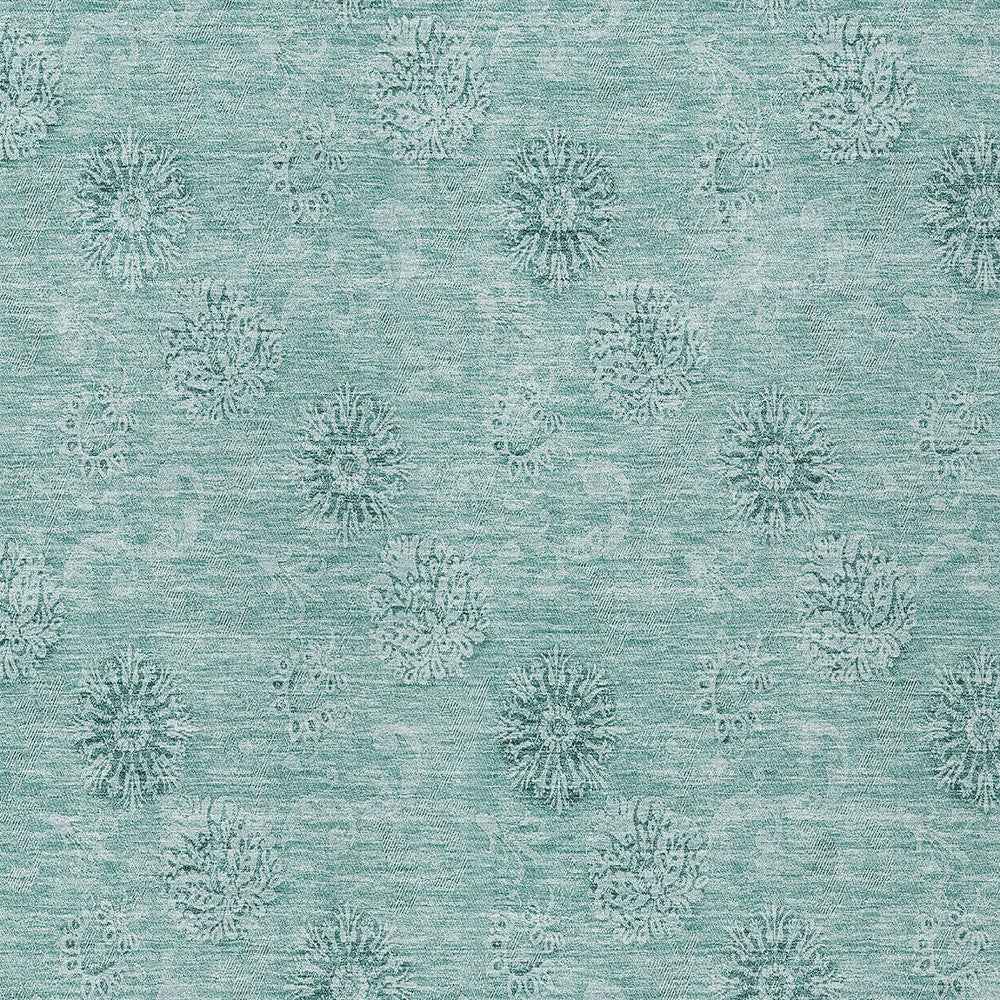 9' X 12' Teal Blue And Ivory Floral Washable Indoor Outdoor Area Rug