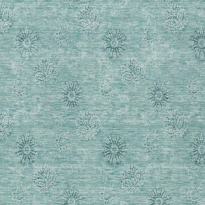 9' X 12' Teal Blue And Ivory Floral Washable Indoor Outdoor Area Rug