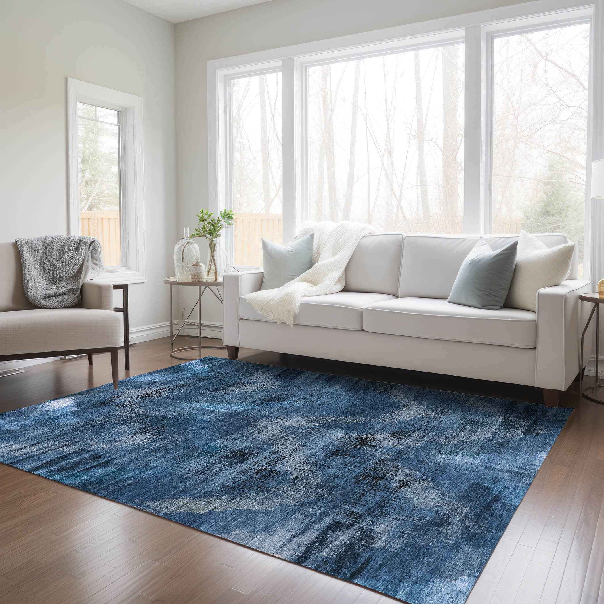 3' X 5' Navy Blue And Sky Blue Abstract Washable Indoor Outdoor Area Rug