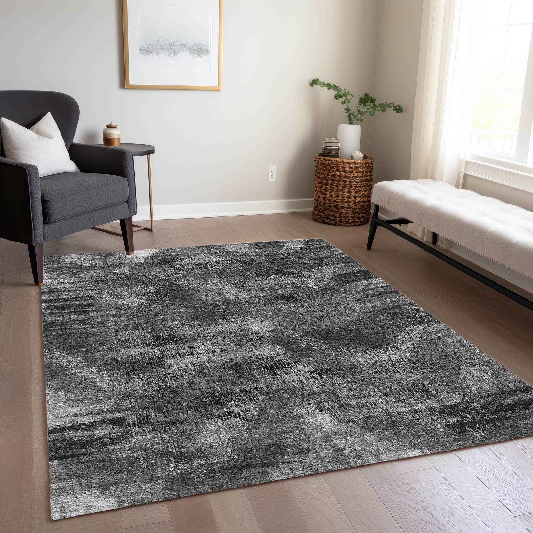 9' X 12' Gray Charcoal And Silver Abstract Washable Indoor Outdoor Area Rug