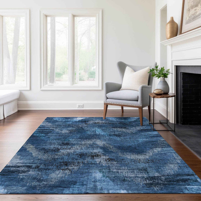 3' X 5' Navy Blue And Sky Blue Abstract Washable Indoor Outdoor Area Rug