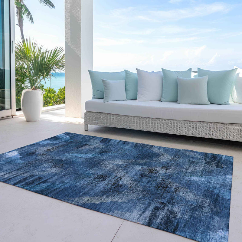 3' X 5' Navy Blue And Sky Blue Abstract Washable Indoor Outdoor Area Rug