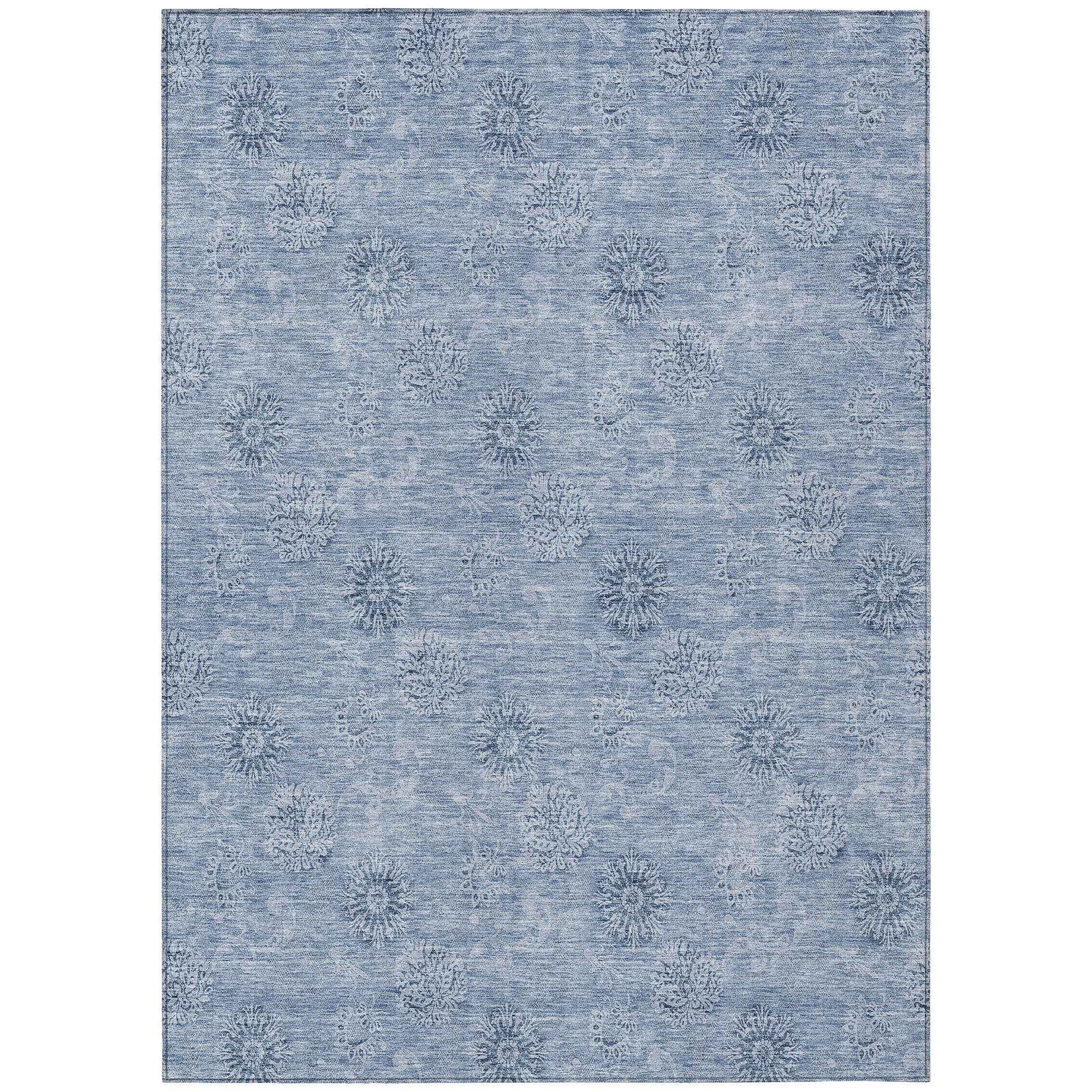 3' X 5' Sky Blue And Blue Floral Washable Indoor Outdoor Area Rug