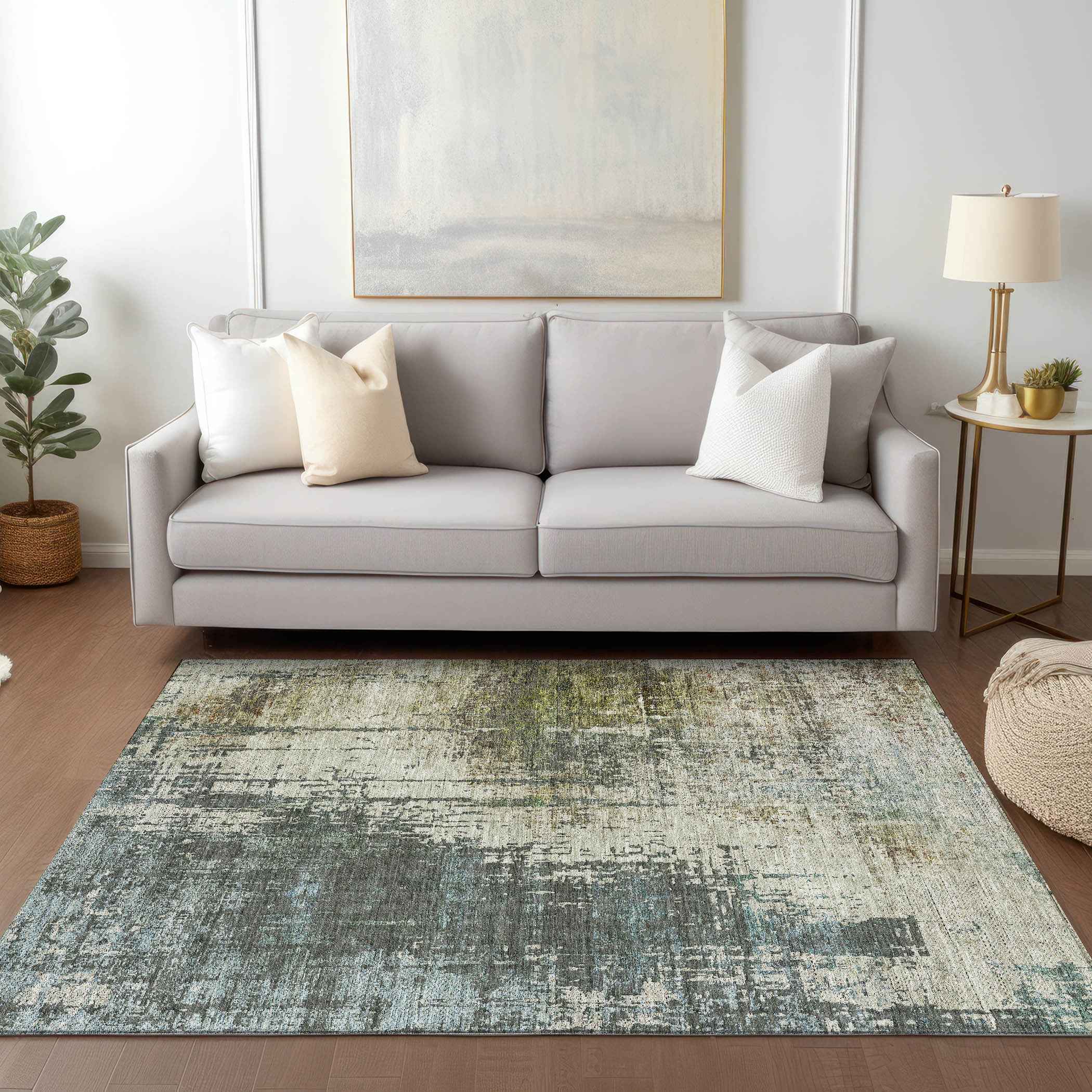 3' X 5' Sage Beige And Brown Abstract Washable Indoor Outdoor Area Rug