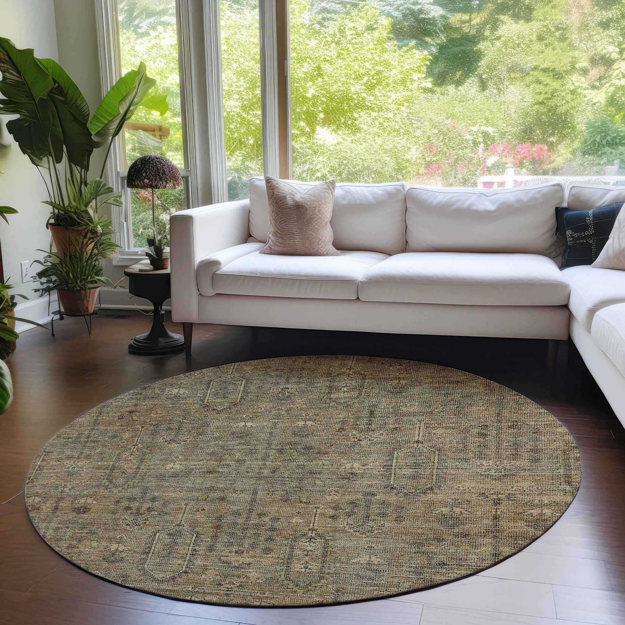 8' Brown And Beige Round Southwestern Washable Indoor Outdoor Area Rug