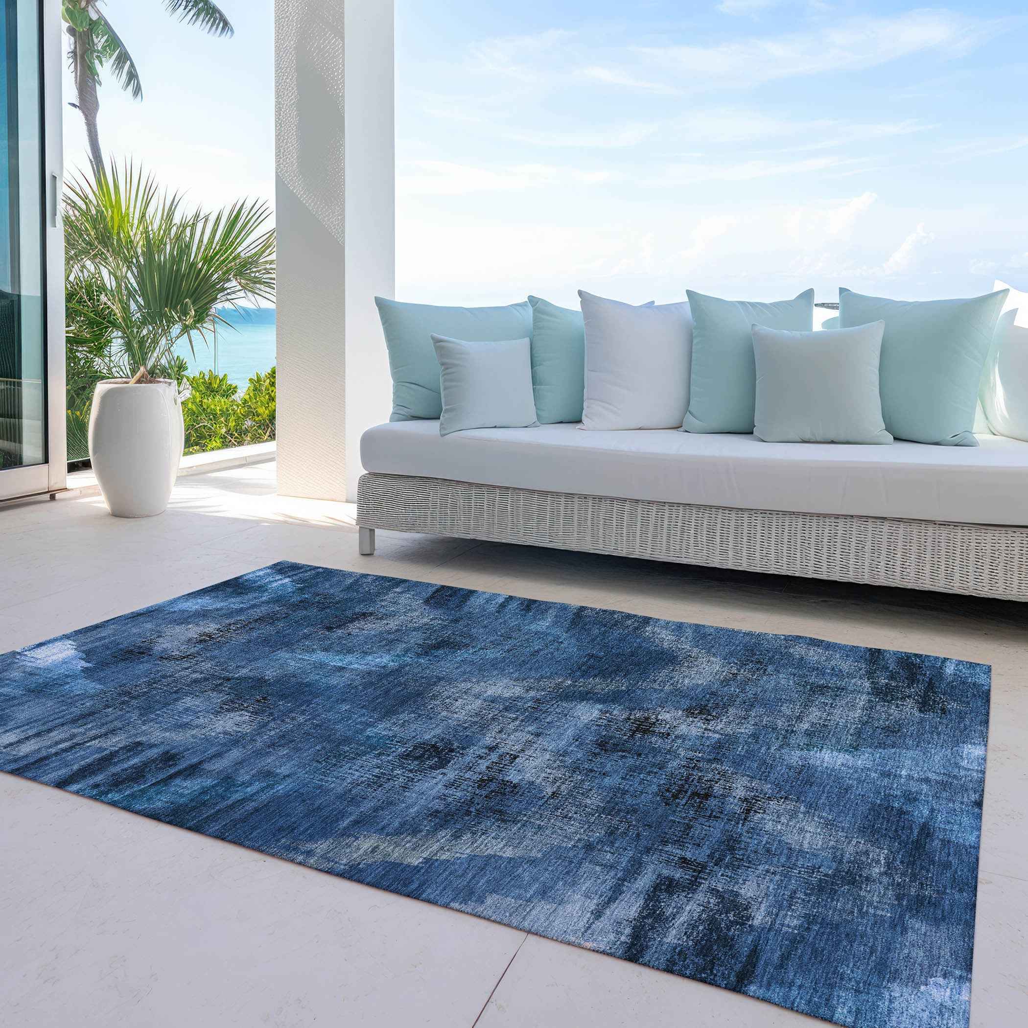 8' X 10' Navy Blue And Sky Blue Abstract Washable Indoor Outdoor Area Rug