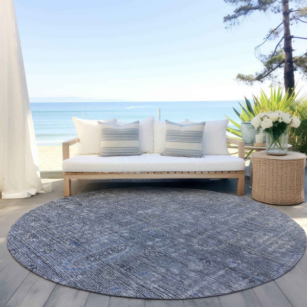 8' Navy Blue And Gray Round Southwestern Washable Indoor Outdoor Area Rug