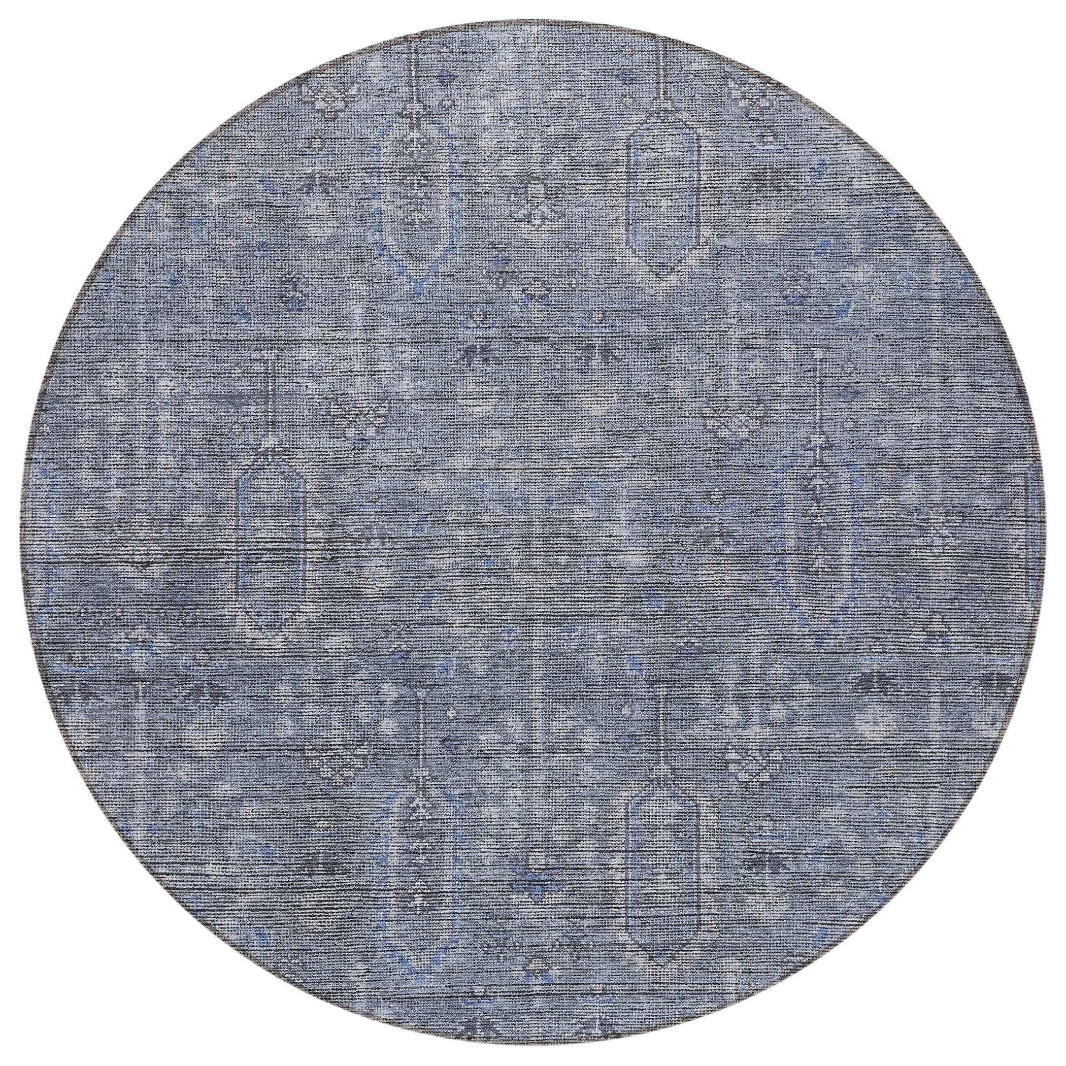 8' Navy Blue And Gray Round Southwestern Washable Indoor Outdoor Area Rug