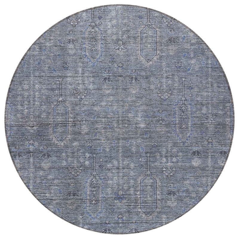 8' Navy Blue And Gray Round Southwestern Washable Indoor Outdoor Area Rug