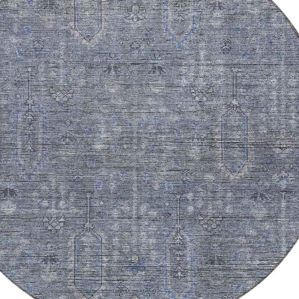 8' Navy Blue And Gray Round Southwestern Washable Indoor Outdoor Area Rug