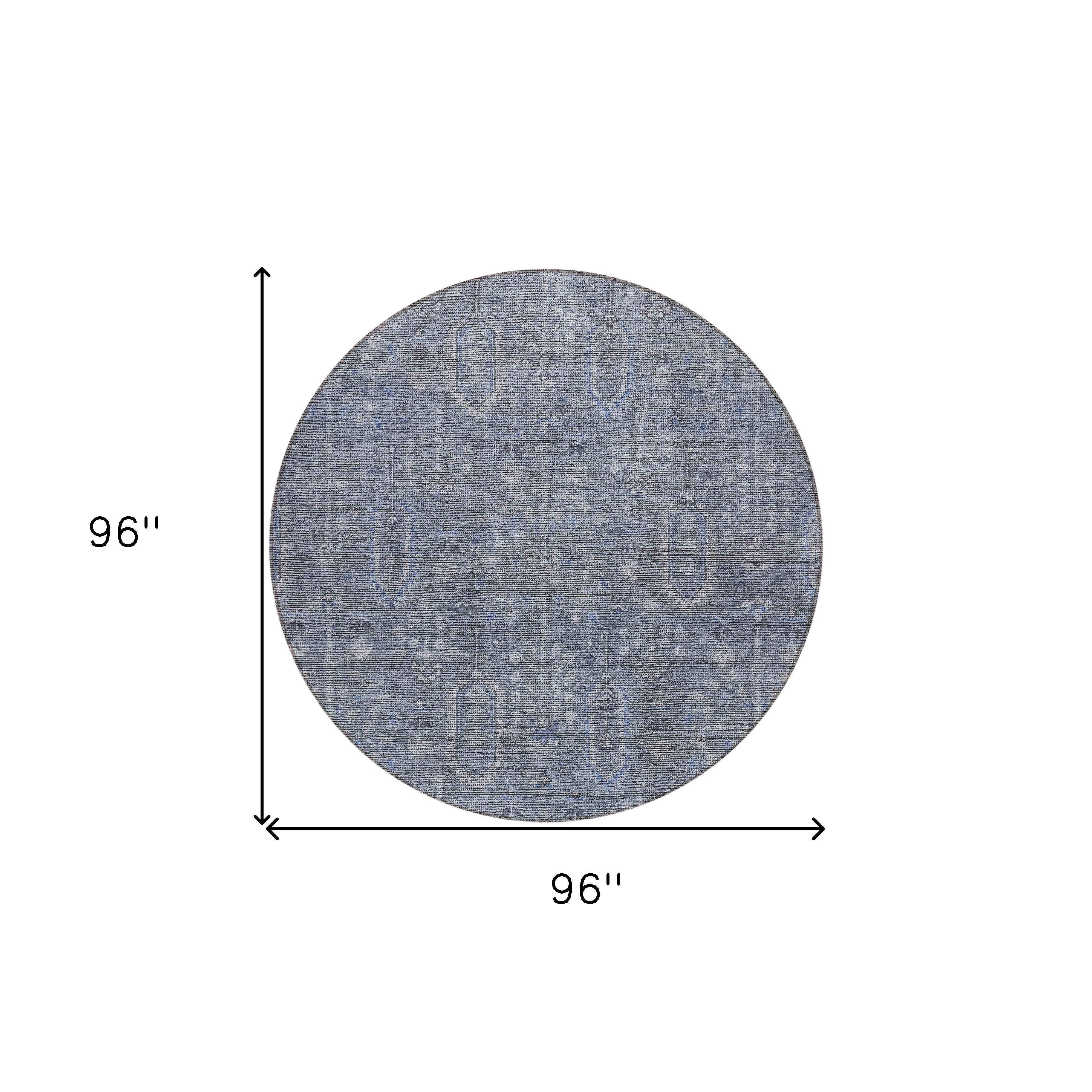 8' Navy Blue And Gray Round Southwestern Washable Indoor Outdoor Area Rug