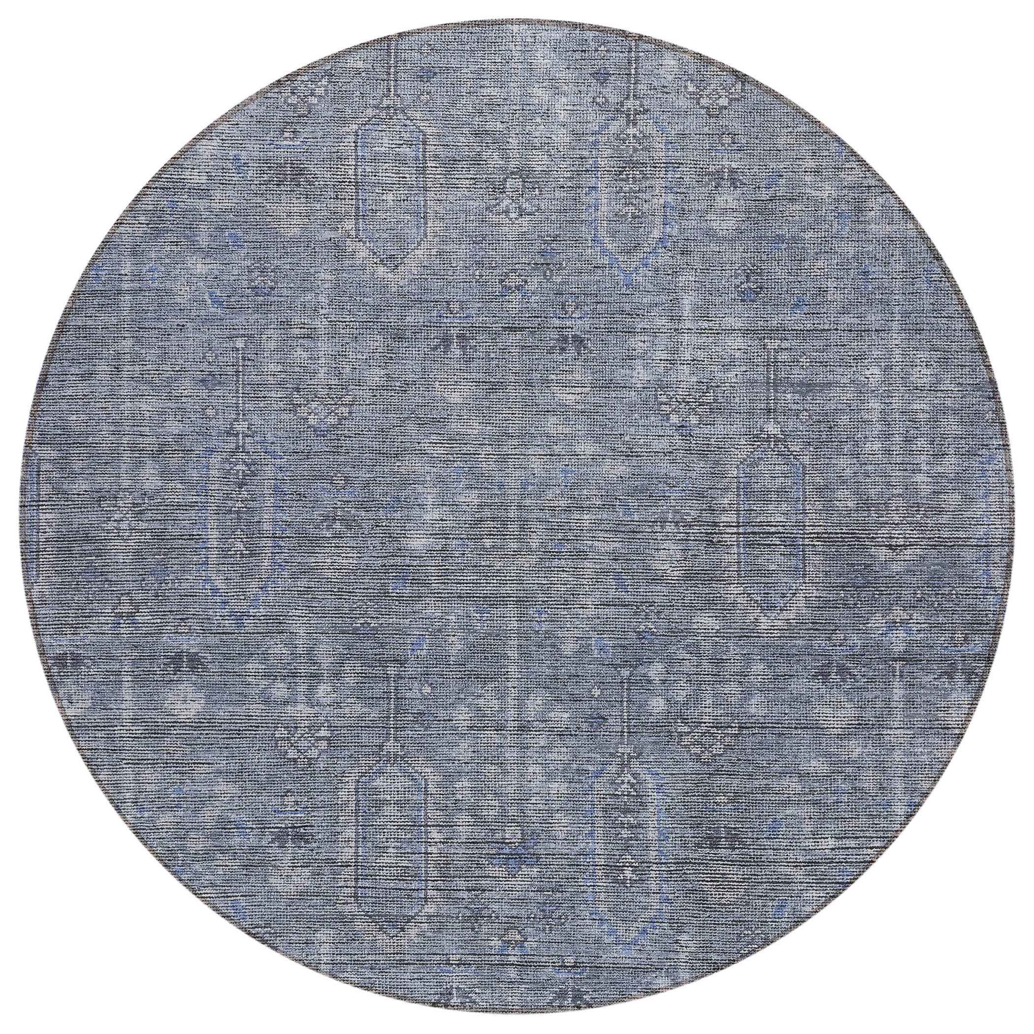8' Navy Blue And Gray Round Southwestern Washable Indoor Outdoor Area Rug
