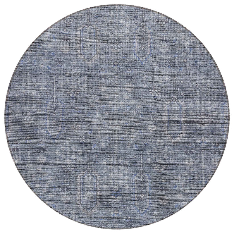 8' Navy Blue And Gray Round Southwestern Washable Indoor Outdoor Area Rug