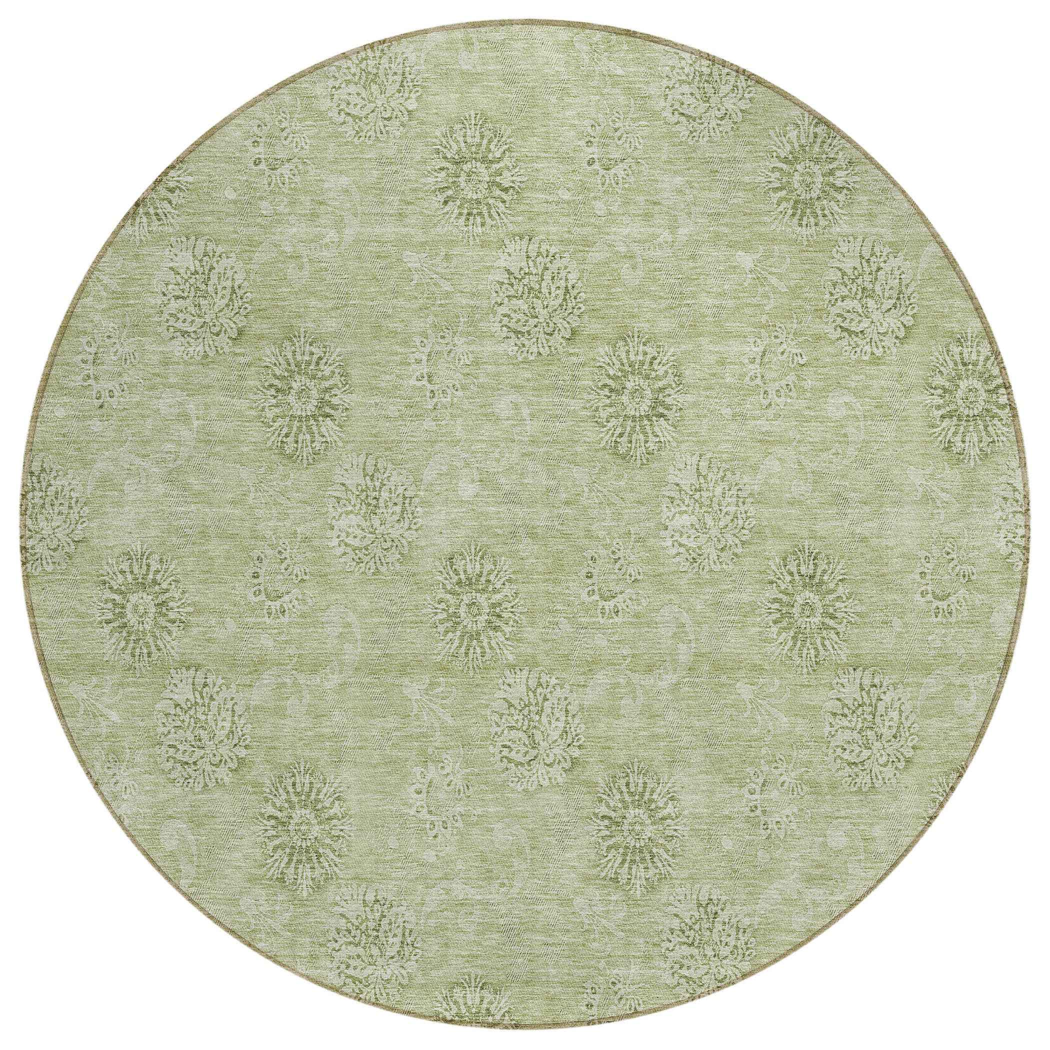 8' Sage And Artichoke Green Round Floral Washable Indoor Outdoor Area Rug