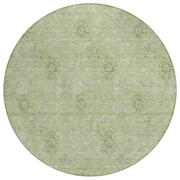 8' Sage And Artichoke Green Round Floral Washable Indoor Outdoor Area Rug
