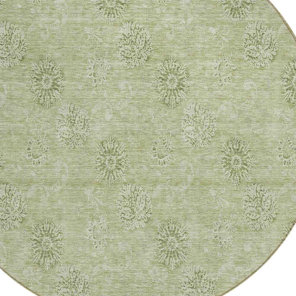 8' Sage And Artichoke Green Round Floral Washable Indoor Outdoor Area Rug