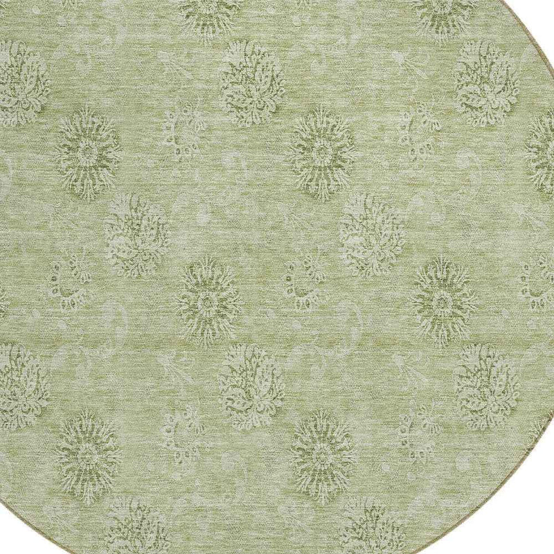 8' Sage And Artichoke Green Round Floral Washable Indoor Outdoor Area Rug