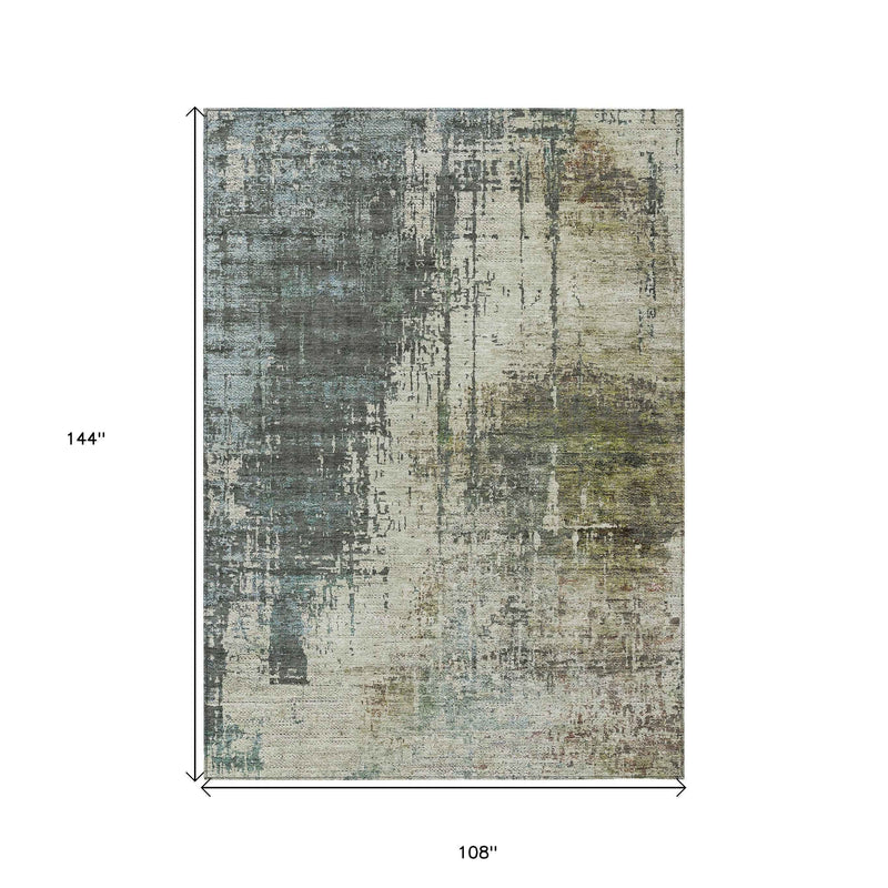 9' X 12' Sage Beige And Brown Abstract Washable Indoor Outdoor Area Rug