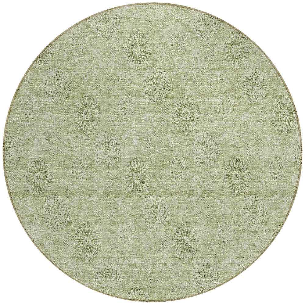 8' Sage And Artichoke Green Round Floral Washable Indoor Outdoor Area Rug
