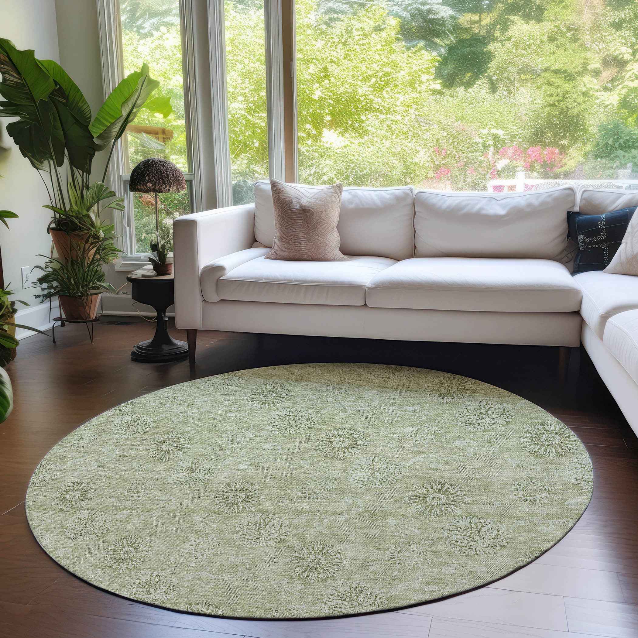 8' Sage And Artichoke Green Round Floral Washable Indoor Outdoor Area Rug