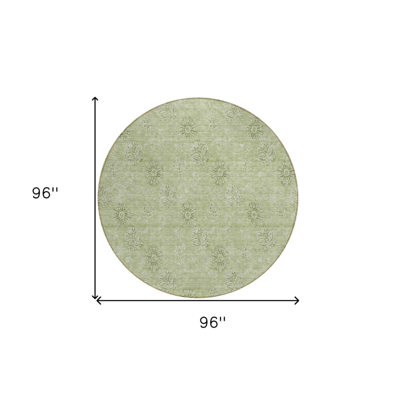 8' Sage And Artichoke Green Round Floral Washable Indoor Outdoor Area Rug
