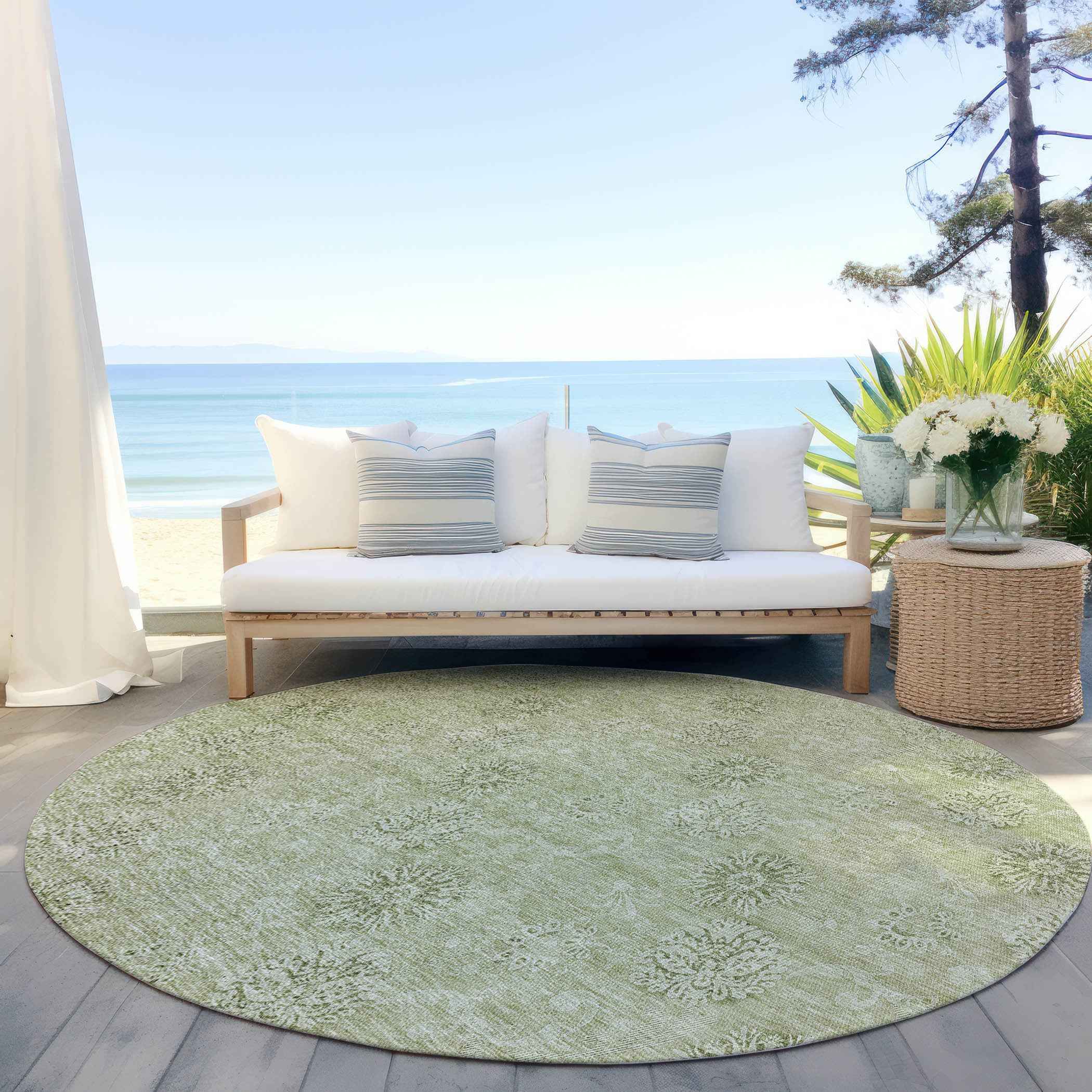 8' Sage And Artichoke Green Round Floral Washable Indoor Outdoor Area Rug