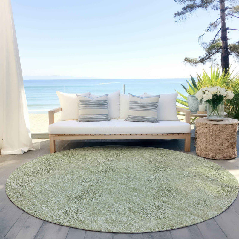 8' Sage And Artichoke Green Round Floral Washable Indoor Outdoor Area Rug