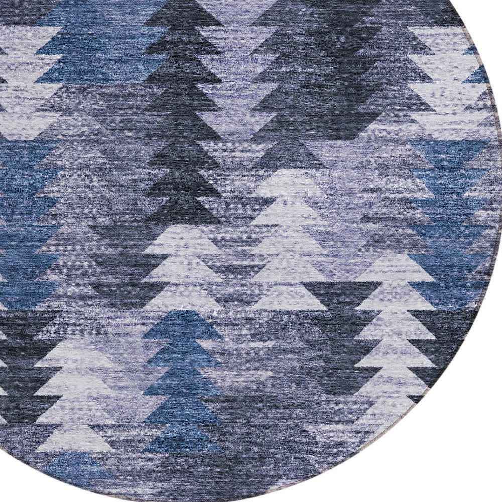 8' Navy Blue And Sky Blue Round Southwestern Washable Indoor Outdoor Area Rug