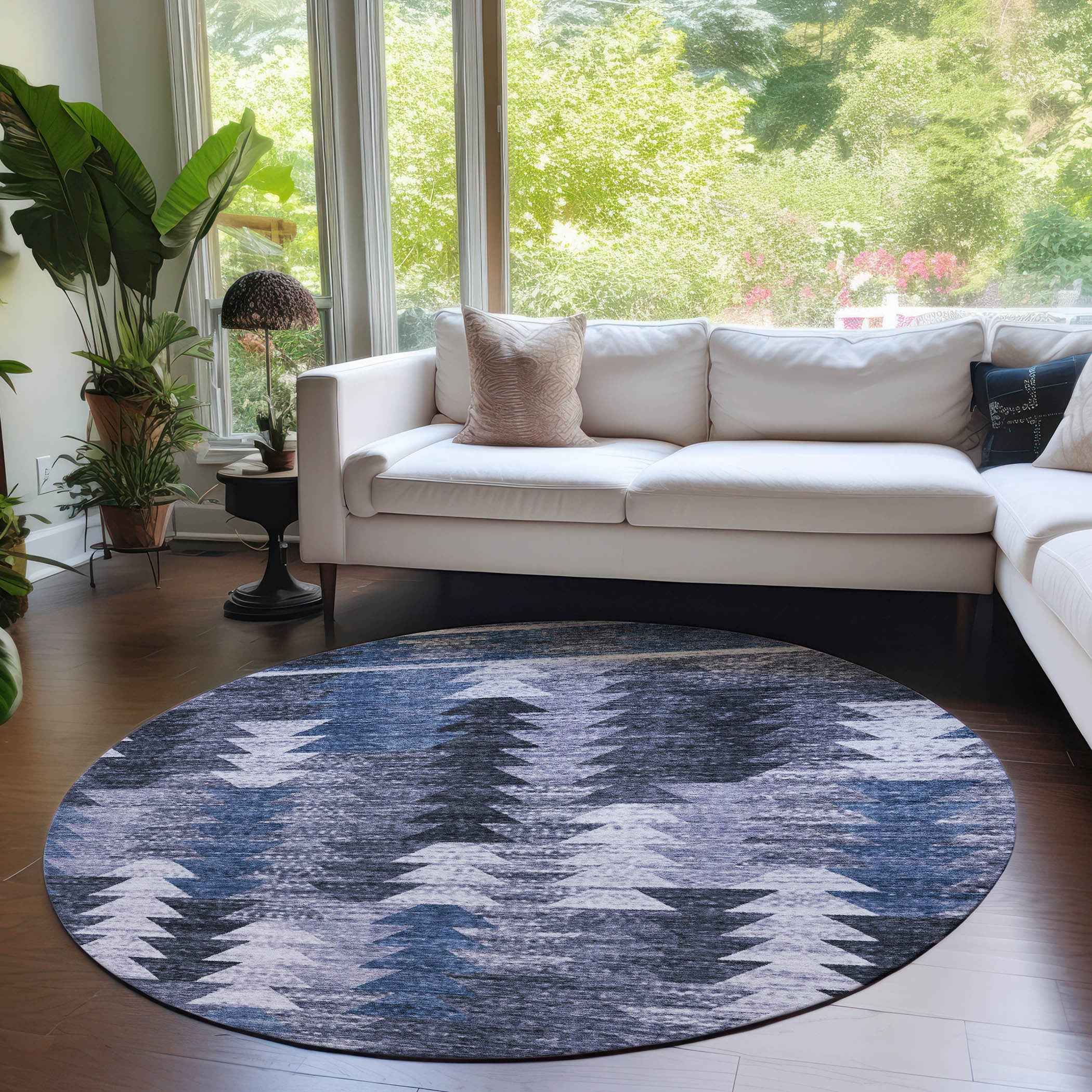 8' Navy Blue And Sky Blue Round Southwestern Washable Indoor Outdoor Area Rug