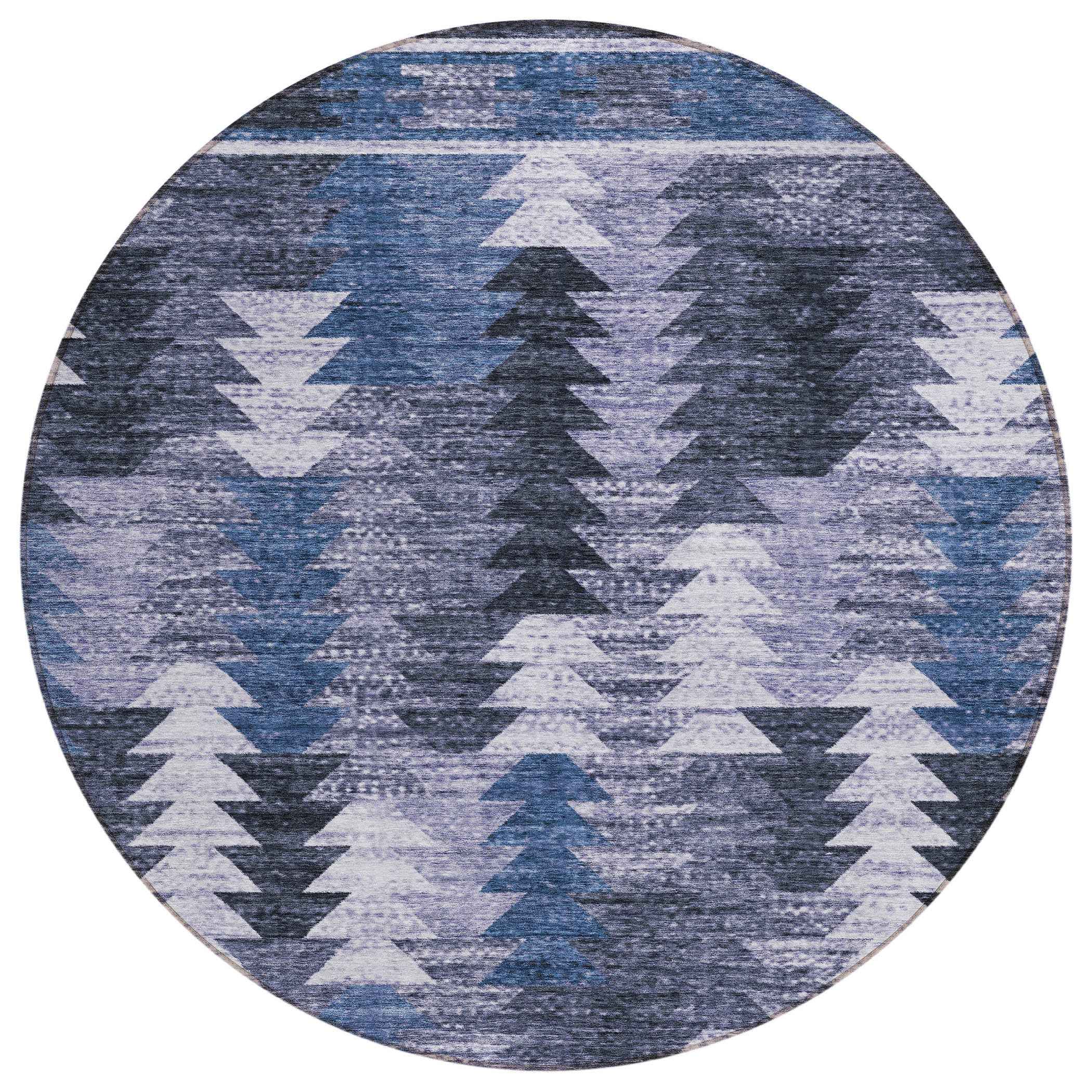 8' Navy Blue And Sky Blue Round Southwestern Washable Indoor Outdoor Area Rug