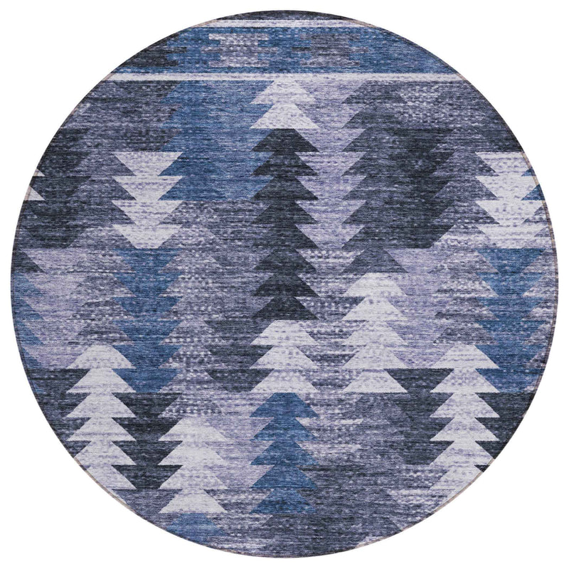 8' Navy Blue And Sky Blue Round Southwestern Washable Indoor Outdoor Area Rug
