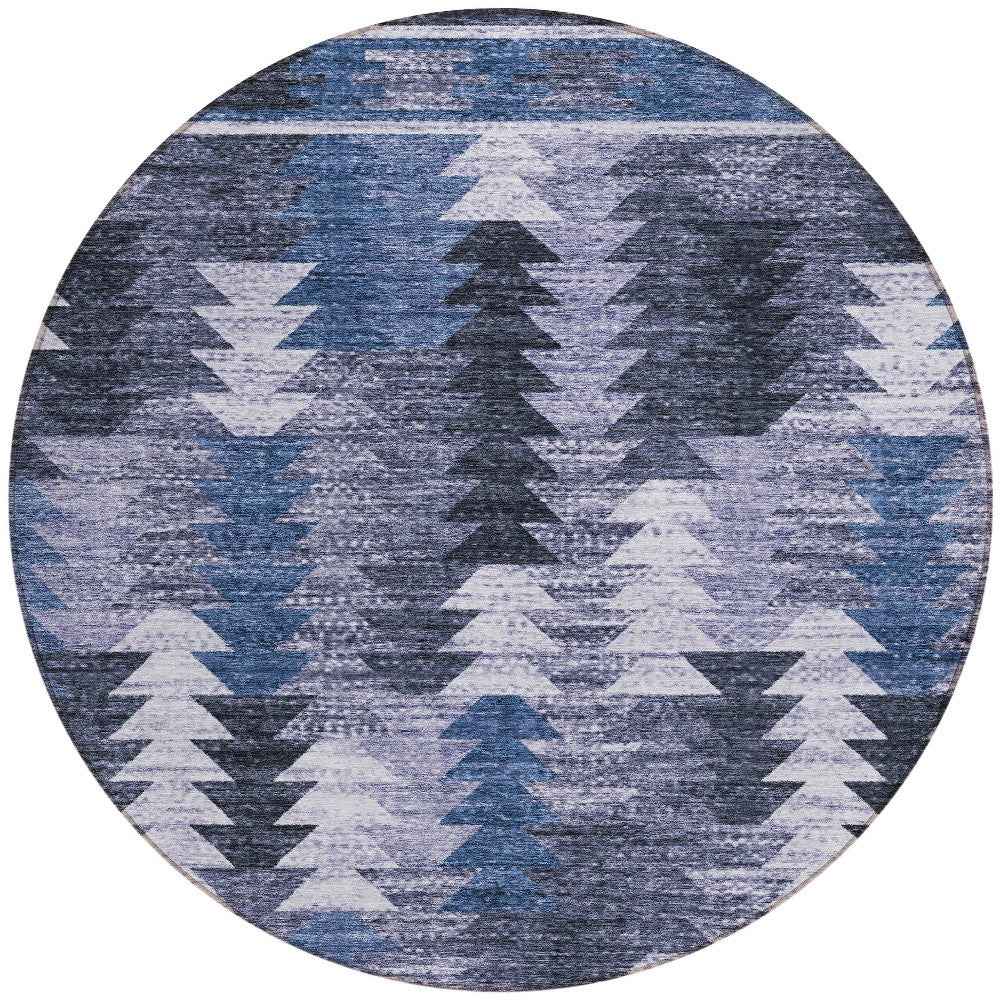 8' Navy Blue And Sky Blue Round Southwestern Washable Indoor Outdoor Area Rug