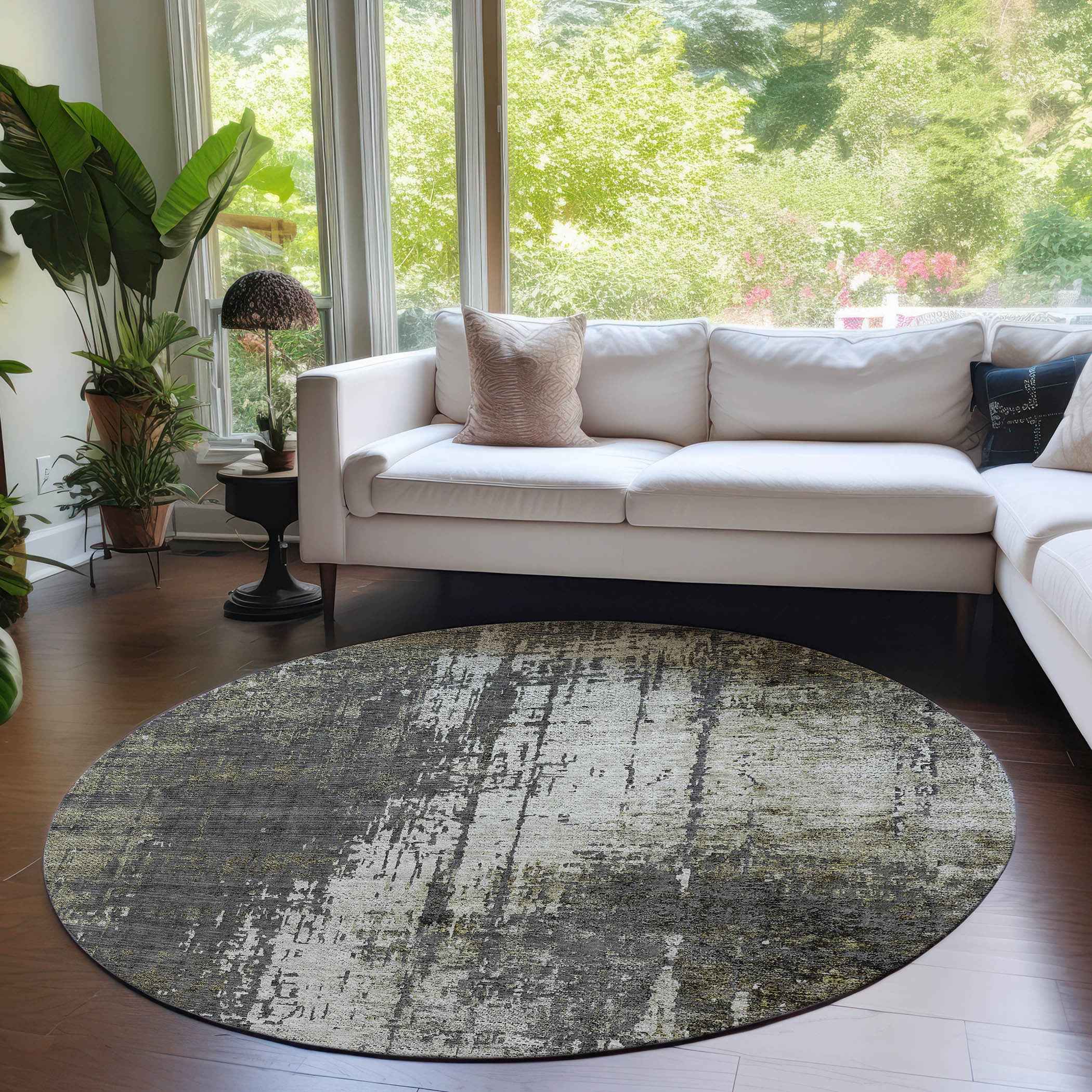 8' Taupe Beige And Olive Green Round Abstract Washable Indoor Outdoor Area Rug