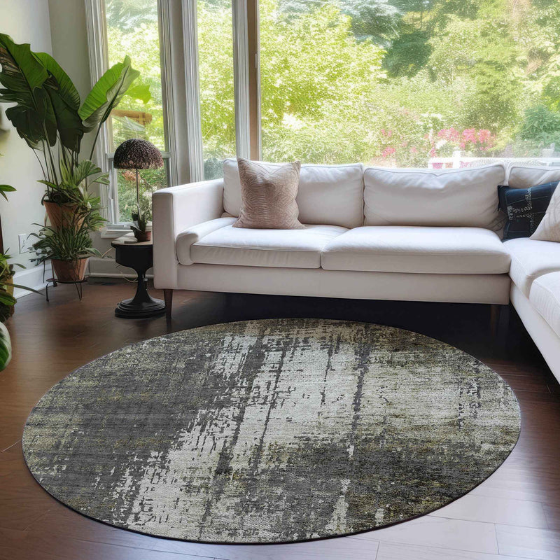 8' Taupe Beige And Olive Green Round Abstract Washable Indoor Outdoor Area Rug