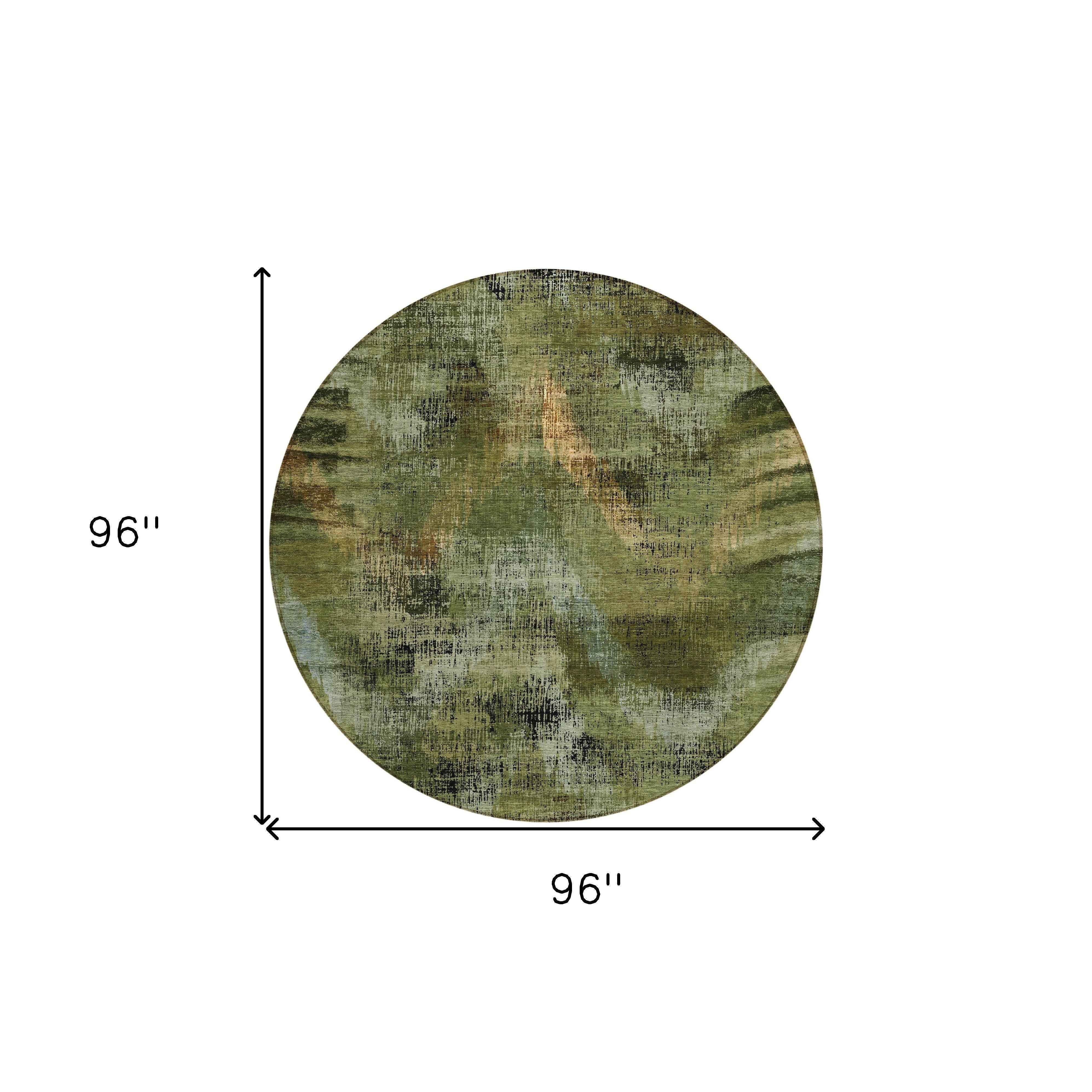8' Olive Green And Gold Round Abstract Washable Indoor Outdoor Area Rug