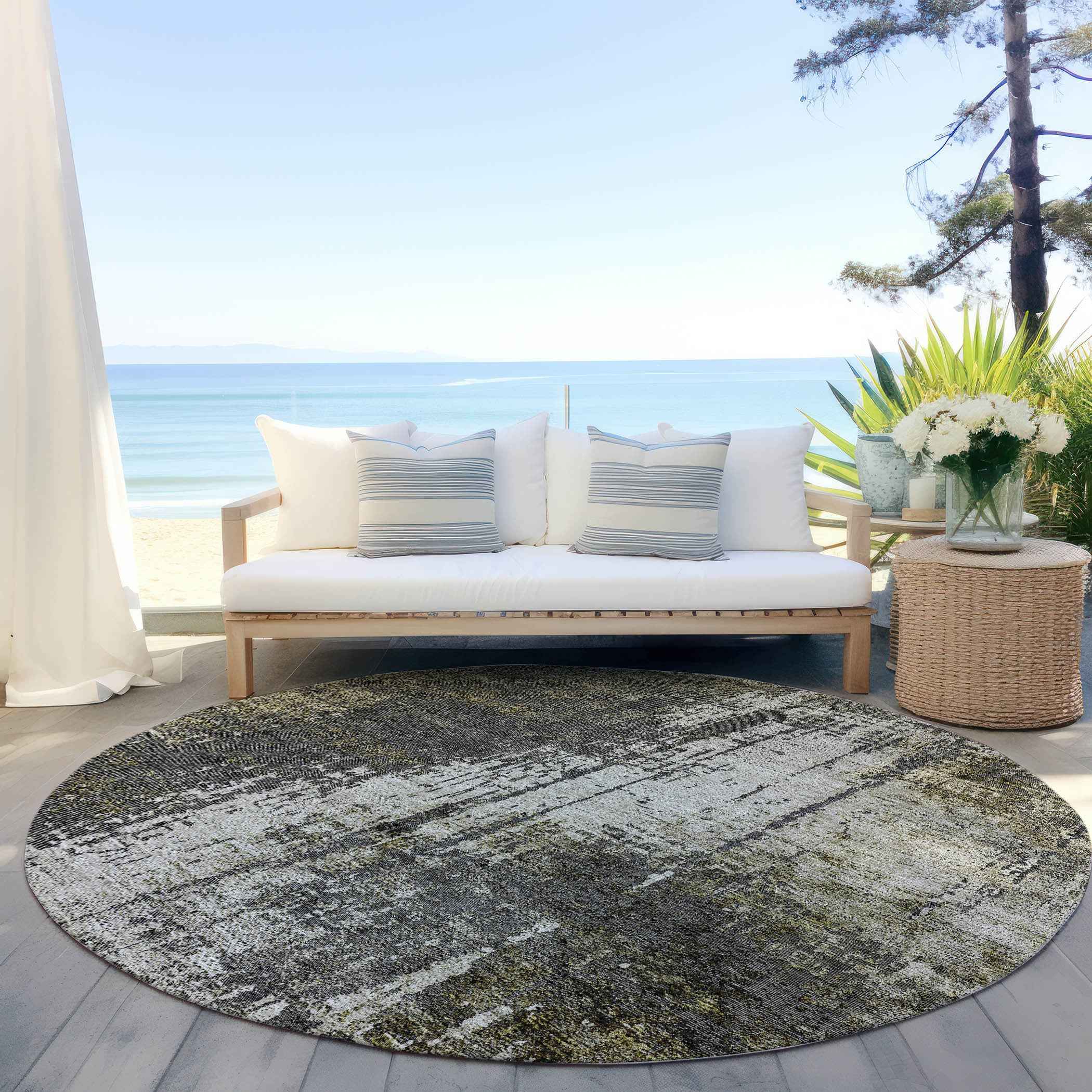 8' Taupe Beige And Olive Green Round Abstract Washable Indoor Outdoor Area Rug